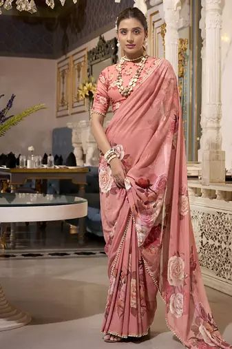 Grace Redefined  Georgette Printed Saree with Pearl Lace Elegance