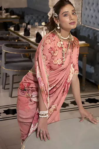 Georgette Printed Saree with Pearl Lace Elegance