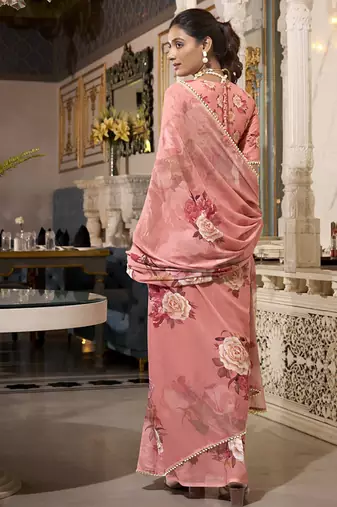 Georgette Printed Saree with Pearl Lace Elegance