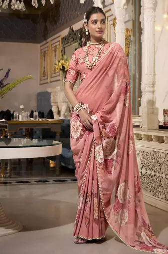 Georgette Printed Saree with Pearl Lace Elegance