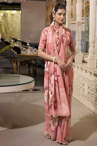 Georgette Printed Saree with Pearl Lace Elegance