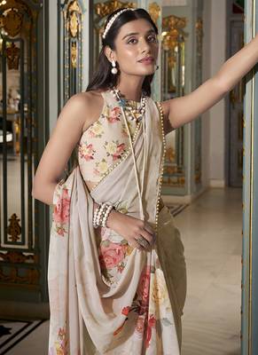 Georgette Printed Saree with Pearl Lace Elegance 2