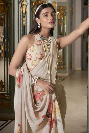 Georgette Printed Saree with Pearl Lace Elegance