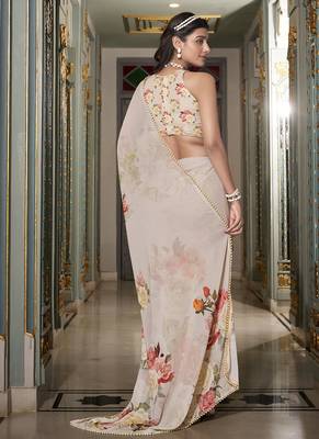 Georgette Printed Saree with Pearl Lace Elegance 3
