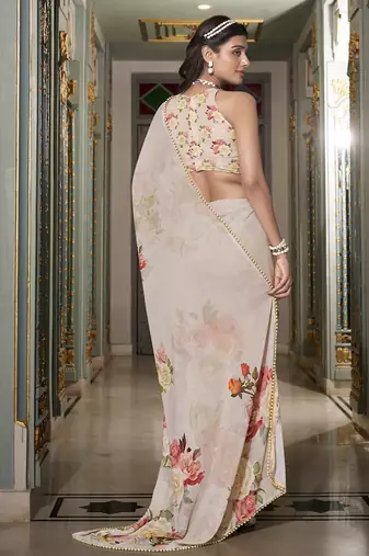 Georgette Printed Saree with Pearl Lace Elegance