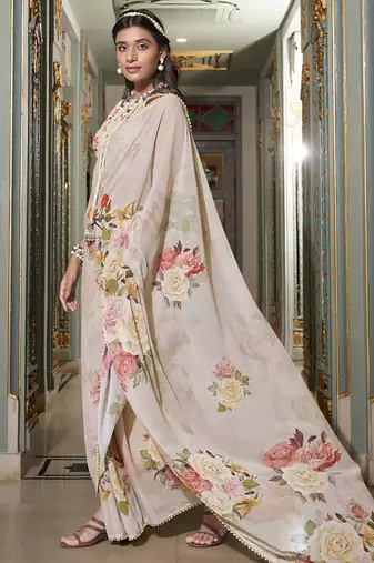 Georgette Printed Saree with Pearl Lace Elegance