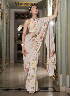 Georgette Printed Saree with Pearl Lace Elegance 5