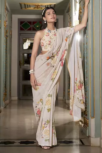 Georgette Printed Saree with Pearl Lace Elegance