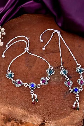 Silver-plated stone-studded and beaded anklets