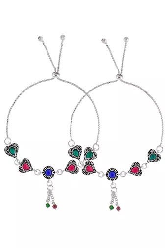 Silver-plated stone-studded and beaded anklets