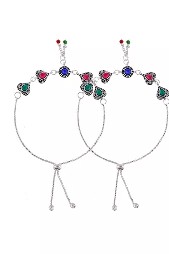 Silver-plated stone-studded and beaded anklets