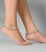 Set of 2 silver-plated red & green stone beaded handcrafted anklets