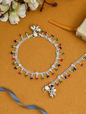 Set of 2 silver-plated red & green stone beaded handcrafted anklets 2