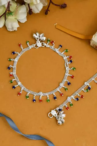 Set of 2 silver-plated red & green stone beaded handcrafted anklets