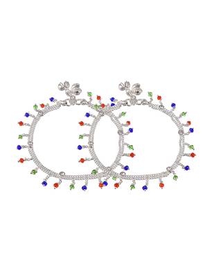 Set of 2 silver-plated red & green stone beaded handcrafted anklets 3