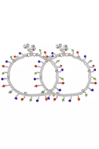 Set of 2 silver-plated red & green stone beaded handcrafted anklets