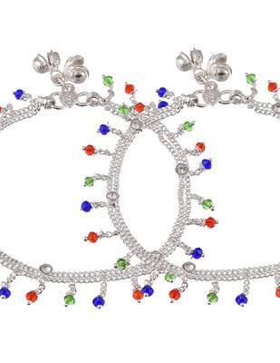 Set of 2 silver-plated red & green stone beaded handcrafted anklets 4