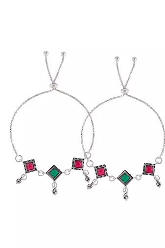 Silver-plated stone-studded anklets