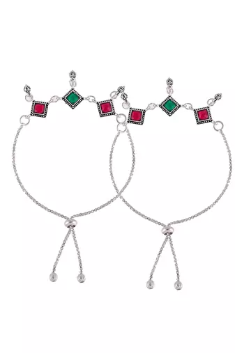 Silver-plated stone-studded anklets