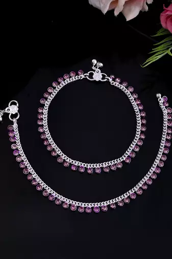 Silver-plated gemstones studded and bells anklet