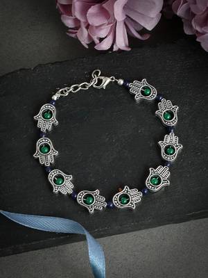 Silver toned blue & green beaded handcrafted hamsa cetic anklet 2