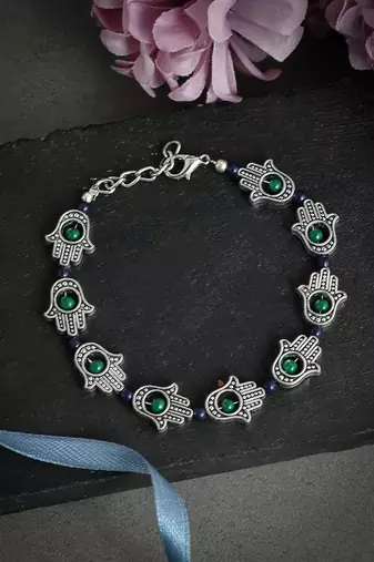 Silver toned blue & green beaded handcrafted hamsa cetic anklet