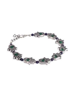 Silver toned blue & green beaded handcrafted hamsa cetic anklet 3