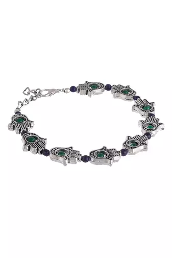Silver toned blue & green beaded handcrafted hamsa cetic anklet