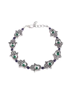 Silver toned blue & green beaded handcrafted hamsa cetic anklet 4