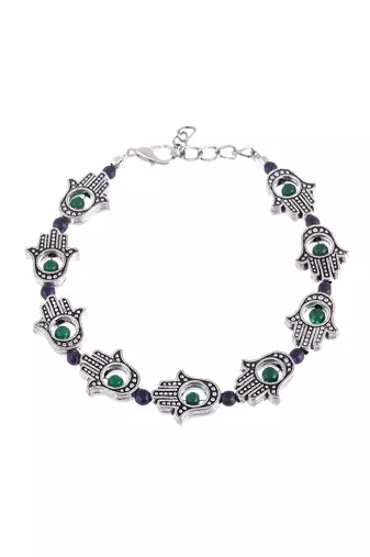 Silver toned blue & green beaded handcrafted hamsa cetic anklet