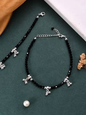 Set of 2 silver-plated artificial stones and beads anklets 2