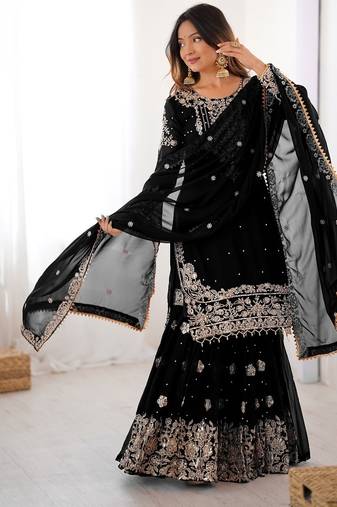 Black faux georgette sharara set with heavy embroidery detailing