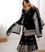 Black faux georgette sharara set with heavy embroidery detailing