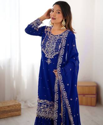 Blue faux georgette sharara set with heavy embroidery detailing 1