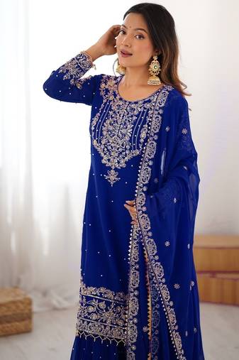 Blue faux georgette sharara set with heavy embroidery detailing
