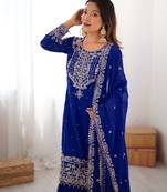 Blue faux georgette sharara set with heavy embroidery detailing