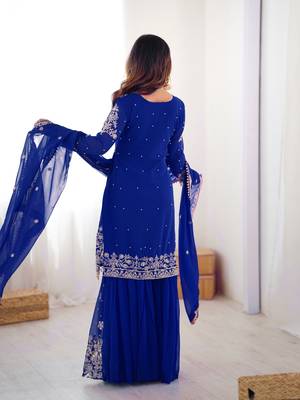 Blue faux georgette sharara set with heavy embroidery detailing 2