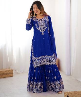 Blue faux georgette sharara set with heavy embroidery detailing 3