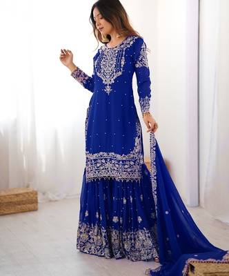 Blue faux georgette sharara set with heavy embroidery detailing 4