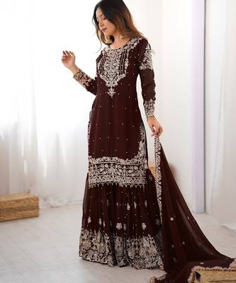 Brown faux georgette sharara set with heavy embroidery detailing 2