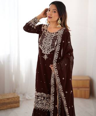 Brown faux georgette sharara set with heavy embroidery detailing 3