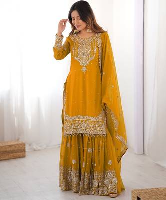 Mustard faux georgette sharara set with heavy embroidery detailing 1