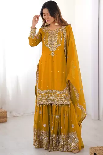 Mustard faux georgette sharara set with heavy embroidery detailing