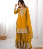 Mustard faux georgette sharara set with heavy embroidery detailing