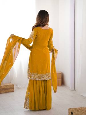 Mustard faux georgette sharara set with heavy embroidery detailing 2