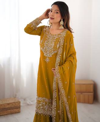 Mustard faux georgette sharara set with heavy embroidery detailing 3