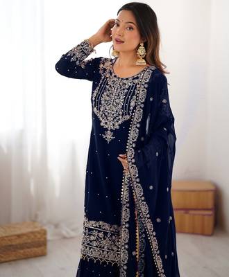 Navy blue faux georgette sharara set with heavy embroidery detailing 1
