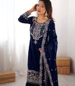 Navy blue faux georgette sharara set with heavy embroidery detailing