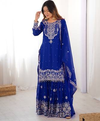 Blue faux georgette sharara set with heavy embroidery detailing 5