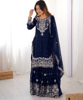 Navy blue faux georgette sharara set with heavy embroidery detailing 2